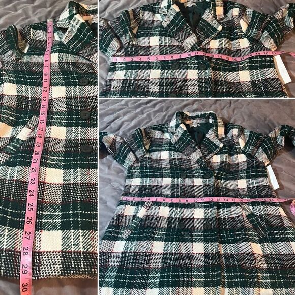 Aura Beauty And Style Dark Emerald Plaid Pea Coat Green Double Breasted L NWT - Picture 13 of 13